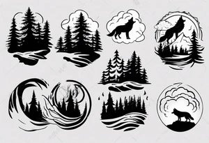thunderstorm over a forest and a wolf howling tattoo idea