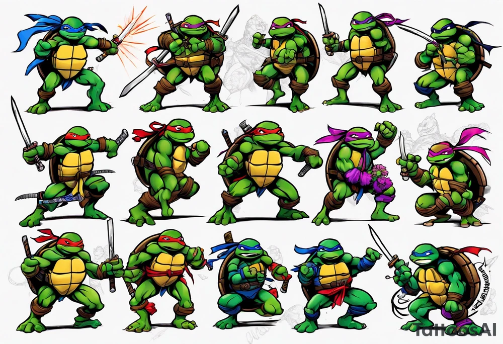 teenage mutant ninja turtles fighting in a city with floral accents tattoo idea