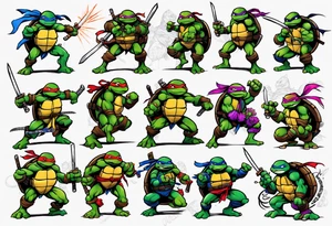 teenage mutant ninja turtles fighting in a city with floral accents tattoo idea