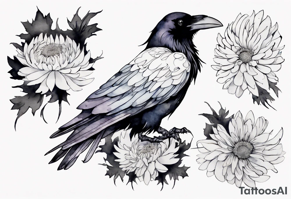 a raven wearing a white chrysanthemum tattoo idea