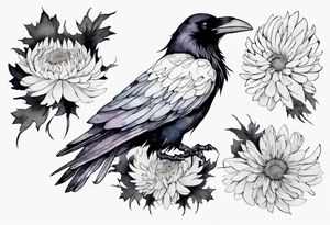 a raven wearing a white chrysanthemum tattoo idea