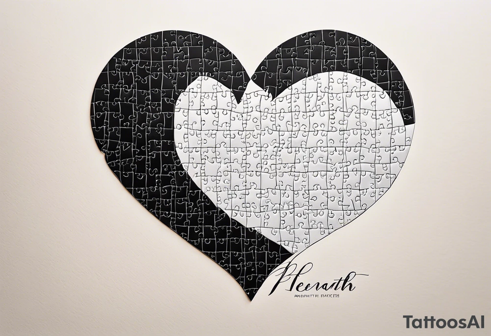 Puzzle Piece: A fine, clean outline with no shading, keeping the design light and elegant.
Filled Heart: A small, solid black heart placed inside the puzzle piece. The contrast between the outlined puzzle and the filled heart adds depth and highlights the heart as a symbol of your bond.
Handwritten Text: Beneath or slightly to the side of the puzzle piece, your sister’s words “to my favorite sister,” carefully preserving the integrity of her handwriting.
This will create a balanced, meaningful design that's simple yet full of emotion—perfect for a small ankle tattoo. tattoo idea