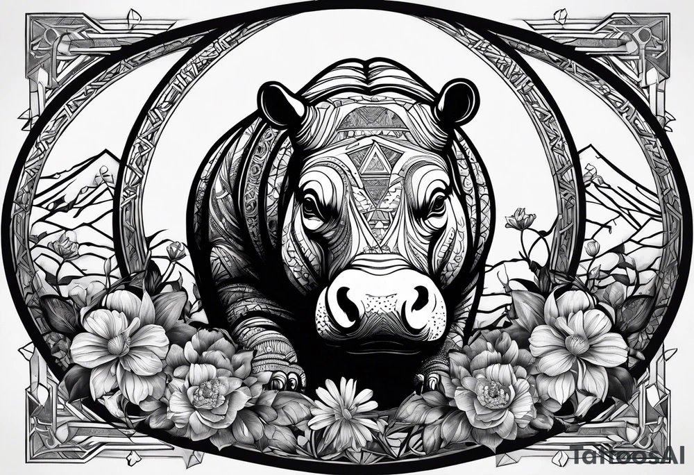Hippo, flowers, moon, interstella, artic surreal,
Extreme fine lines, tribal, geometric, tattoo idea