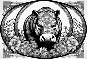 Hippo, flowers, moon, interstella, artic surreal, 
Extreme fine lines, tribal, geometric, tattoo idea
