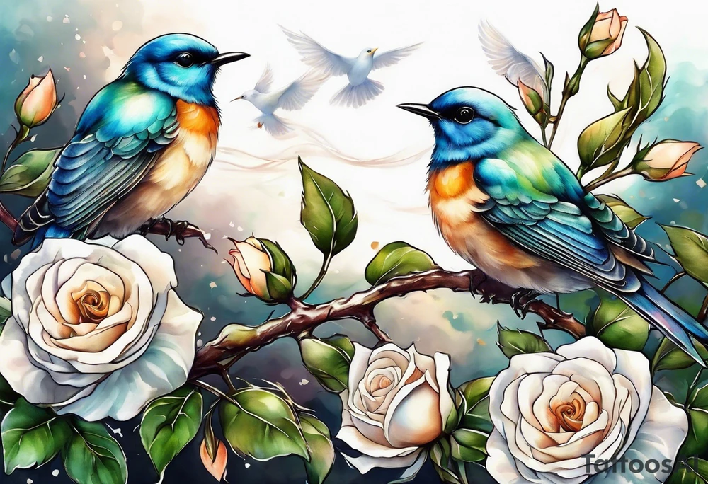 Two birds sitting on a stem of White roses with another bird flying in to land on stem tattoo idea