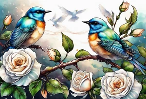 Two birds sitting on a stem of White roses with another bird flying in to land on stem tattoo idea