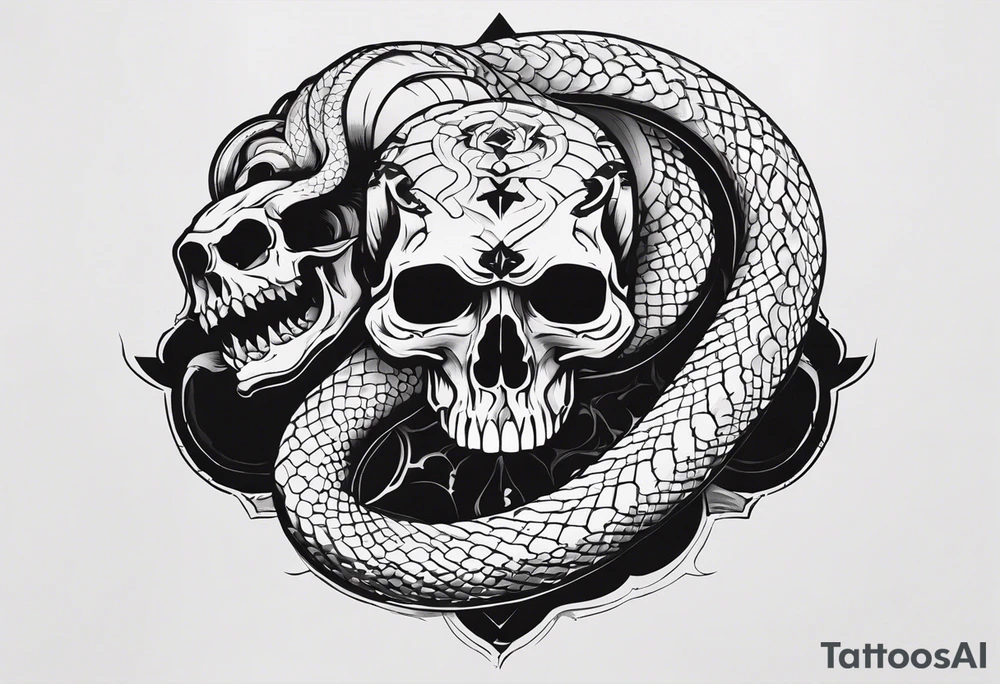 Aggresive Snake with skull, also the design must be vertical. Also, the desing must be minimalistic not saturated. Remember the vertical proportion of the design. tattoo idea