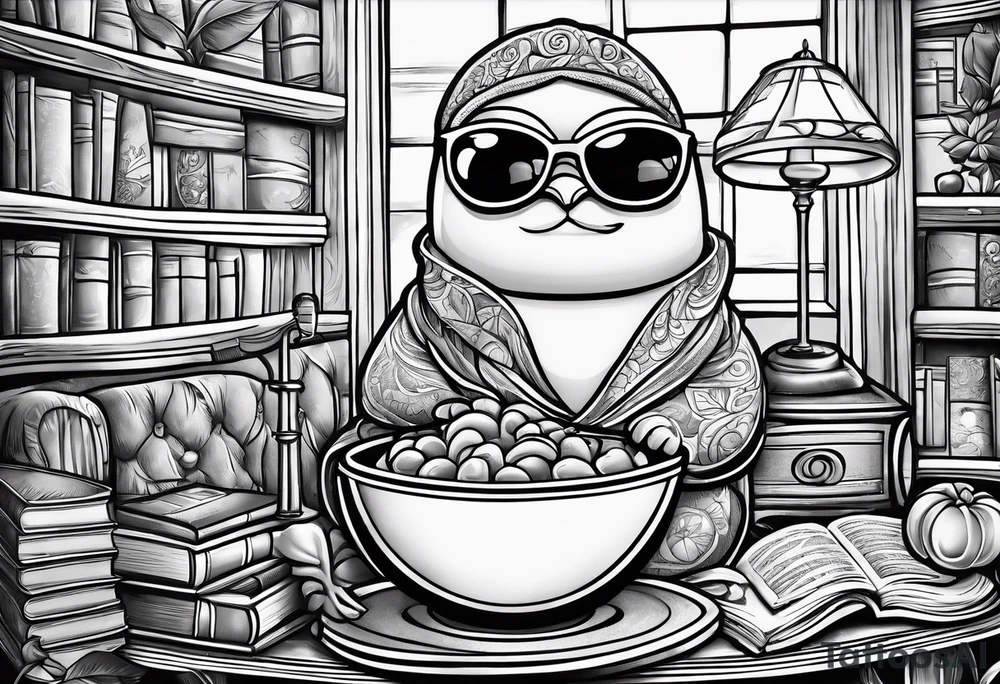 An avocado cartoon  drinking wine and reading a book tattoo idea
