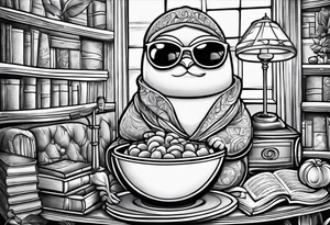 An avocado cartoon  drinking wine and reading a book tattoo idea