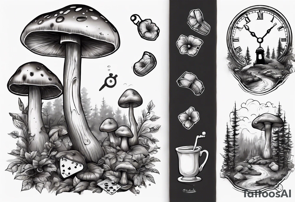mounting landscape with little boletus in the forest.
Add in a middle an antique clock at 9:44pm. across the tattoo a cinema film. And on top a game of poker cards. a Grandma's walking stick and 
A real Italian coffee maker. tattoo idea