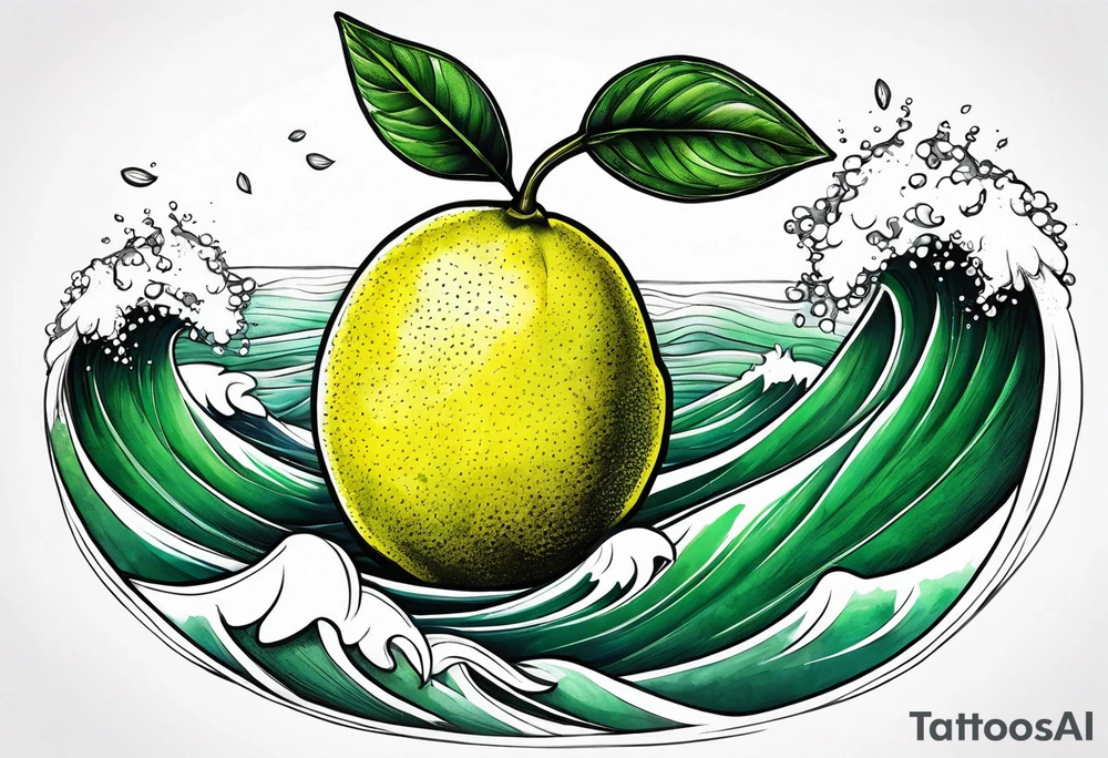 A lemon-Buoy with a green leaf-flag on waves tattoo idea