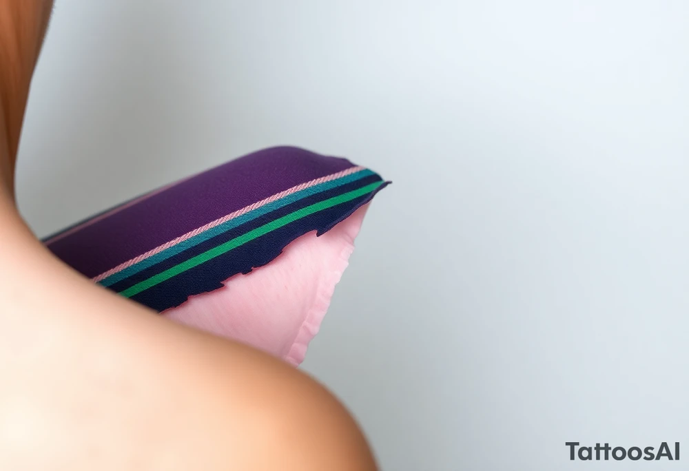 arm Dark Purple with green pink blue and white highlights tartan fabric with flesh peeling away at edges tattoo idea