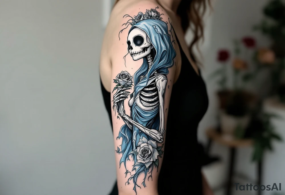 Tim Burton’s skeletal bride wears a tattered ice-blue gown, with wilted gray roses in her hand. tattoo idea