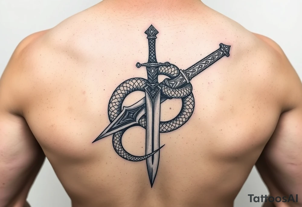 mystical snake coiled around an ancient dagger with jeweled hilt tattoo idea