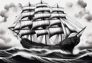 Air ship with tattered sails flying through a storm tattoo idea