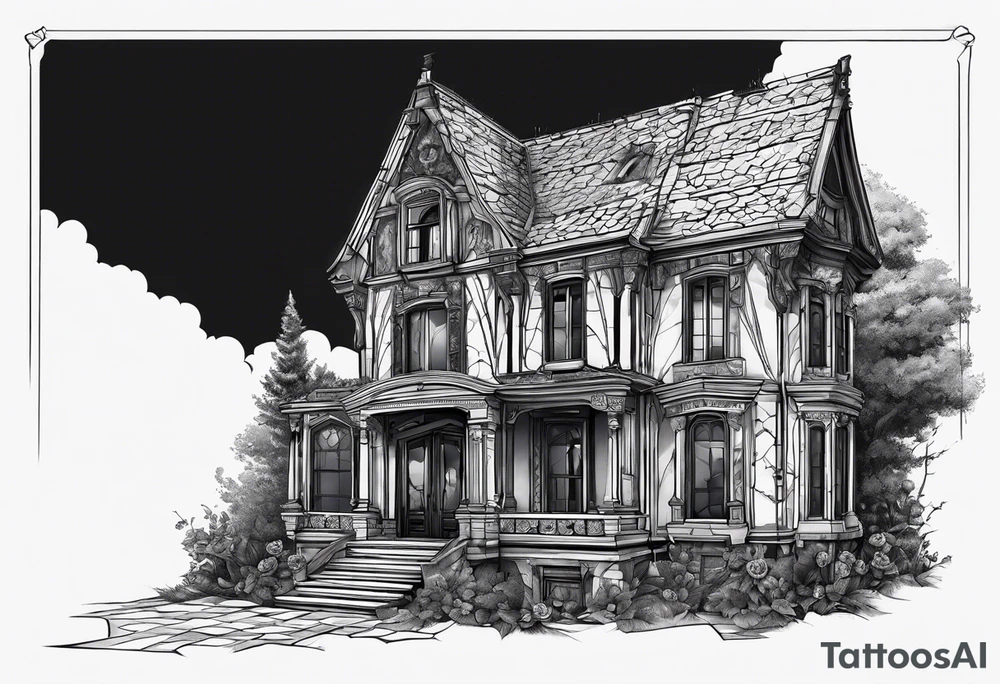 тату рукав, abandoned old gotic house, broken sword, roses, tattoo idea