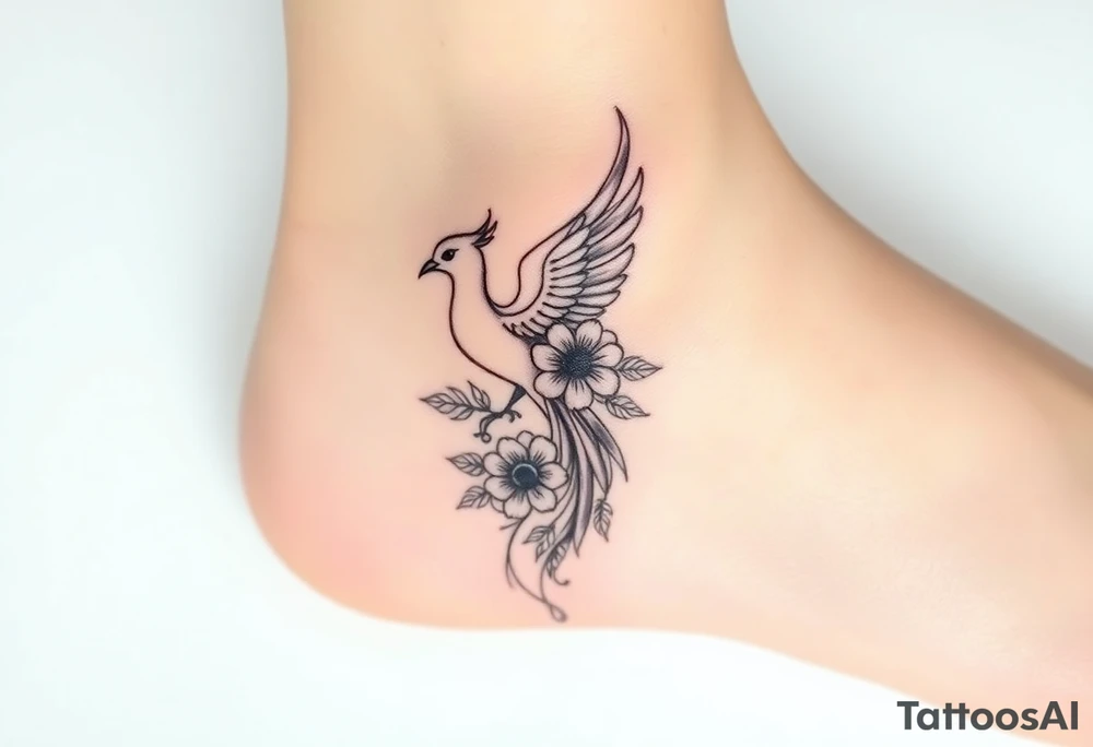 a delicate phoenix, with some flowers tattoo idea