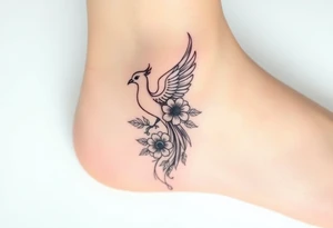 a delicate phoenix, with some flowers tattoo idea