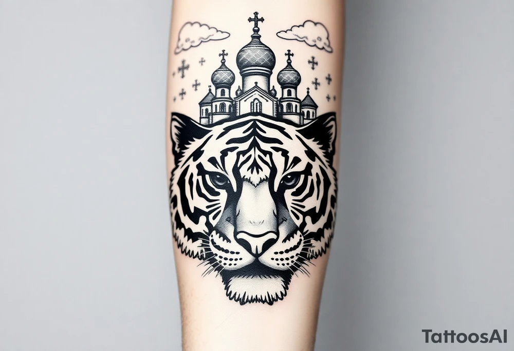 Realistic tiger face on the back of the hand with its eyes ALL black and no pupils, sitting beneath a Russian Orthodox cathedral sitting above on the top fore arm with onion domes and orthodox crosses. with clouds above and a virgin mary tattoo idea