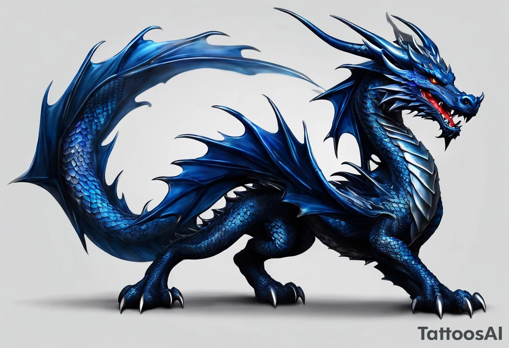 An epic floating dragon. Its long body coiling dynamically, with scales and horns detailed to create a sense of movement and strength. The dragon's main color is midnight blue, giving a vibrant depth and a mystical aura. This tattoo highlights the dragon’s fierce expression and sharp claws. tattoo idea
