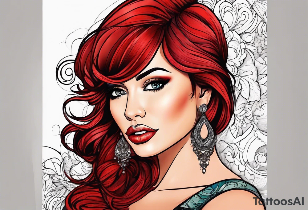 Busty red hair woman with bearded black hair man tattoo idea