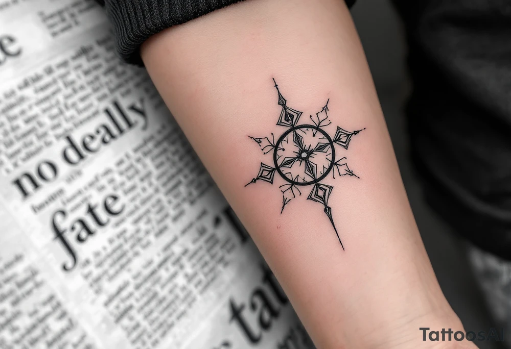 A silver-colored Makosh symbol tattoo honors fate and feminine wisdom on the forearm. tattoo idea