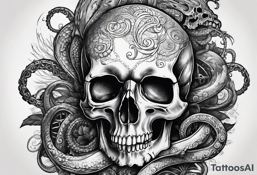 Skull with tentacles and text that  “Dead men tell no tales” tattoo idea