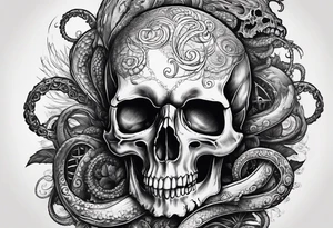 Skull with tentacles and text that  “Dead men tell no tales” tattoo idea