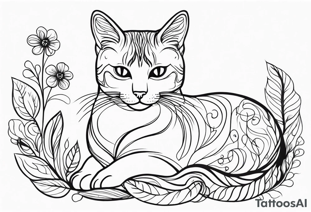 Illustrate a small tattoo of a tabby cat curled up, surrounded by gentle swirls or floral elements to enhance its cozy vibe tattoo idea