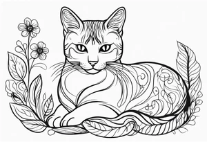 Illustrate a small tattoo of a tabby cat curled up, surrounded by gentle swirls or floral elements to enhance its cozy vibe tattoo idea