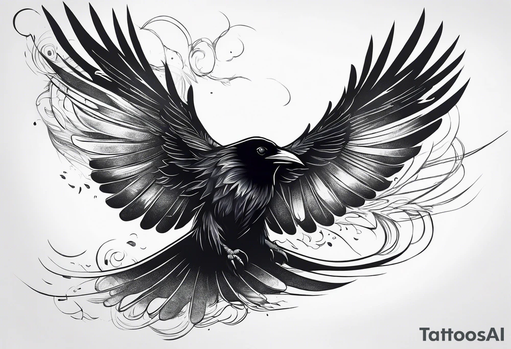 Raven flying, in battle, knowing, light behind its eyes, ethereal tattoo idea