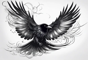 Raven flying, in battle, knowing, light behind its eyes, ethereal tattoo idea