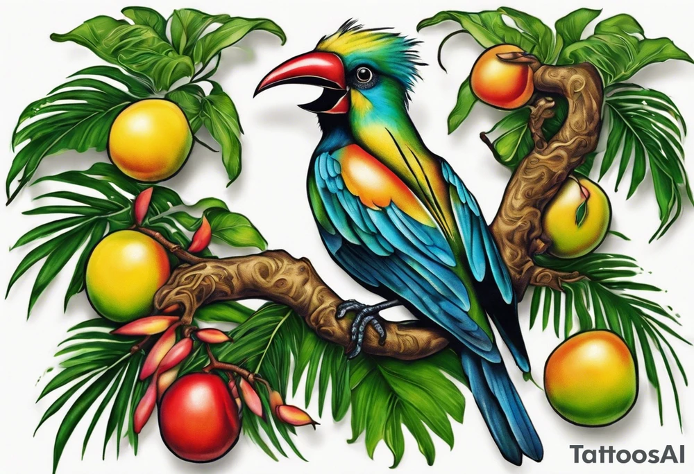 Certainly! Picture a vibrant Doctor Bird perched on a branch of ackee fruits, surrounded by lush tropical foliage. Below, the roots of a tree could form the shape of Jamaica's outline, with the initials of family members delicately incorporated into the branches or the trunk. This combination can create a visually striking and meaningful tattoo. tattoo idea