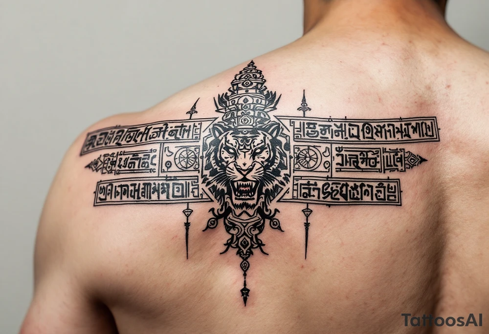 A Sak Yant tattoo is a sacred hand-poked design composed of precise geometric shapes, rows of ancient script, and symbolic imagery such as tigers, Hanuman, or temples, all meticulously arranged to channel protection, strength, and spiritual energy. tattoo idea
