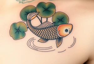 A carp swimming under lily pads, with gentle ripples in the water and a mix of muted greens and golden browns tattoo idea