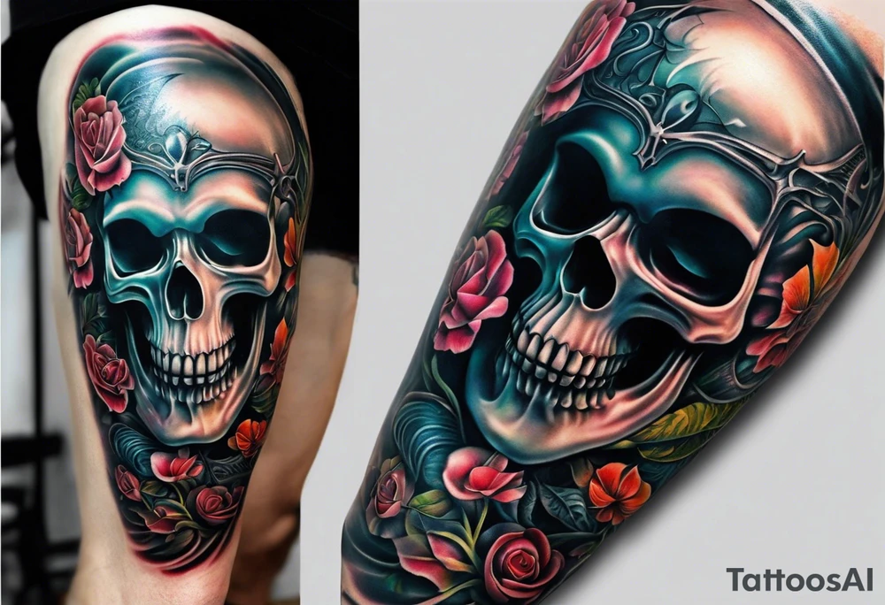 H.R. Giger Knee tattoo with realistic evil skull, various flowers, water and fall colors tattoo idea