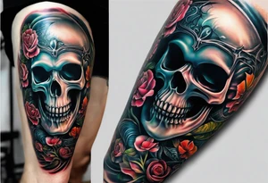 H.R. Giger Knee tattoo with realistic evil skull, various flowers, water and fall colors tattoo idea