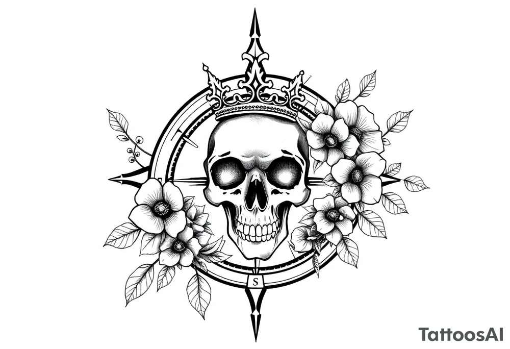 Compass with detailed beautiful gothic boho flowers on vine and skull with gorgeous crown tattoo idea