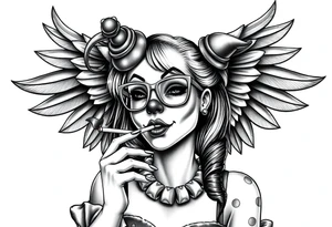 beautiful long hair pin up Clown Girl pays thug eyeglasses  angelic wings smoking a cigarette tattoo idea