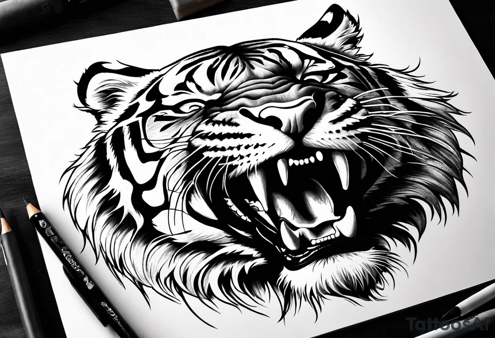 Realistic shading Fierce tiger roaring tattoo idea