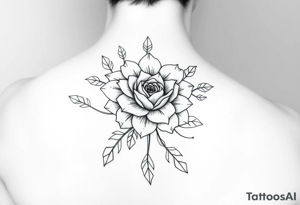 Hand-drawn tattoo-style illustration of a sunflower and a rose for a woman's arm. Surrounding the flower is delicate, symmetrical greenery and leaves. The overall style is simplistic, clean, and in greyscale line art, suitable for a tattoo design. Minimalist and elegant, with fine lines and no shading or color. tattoo idea