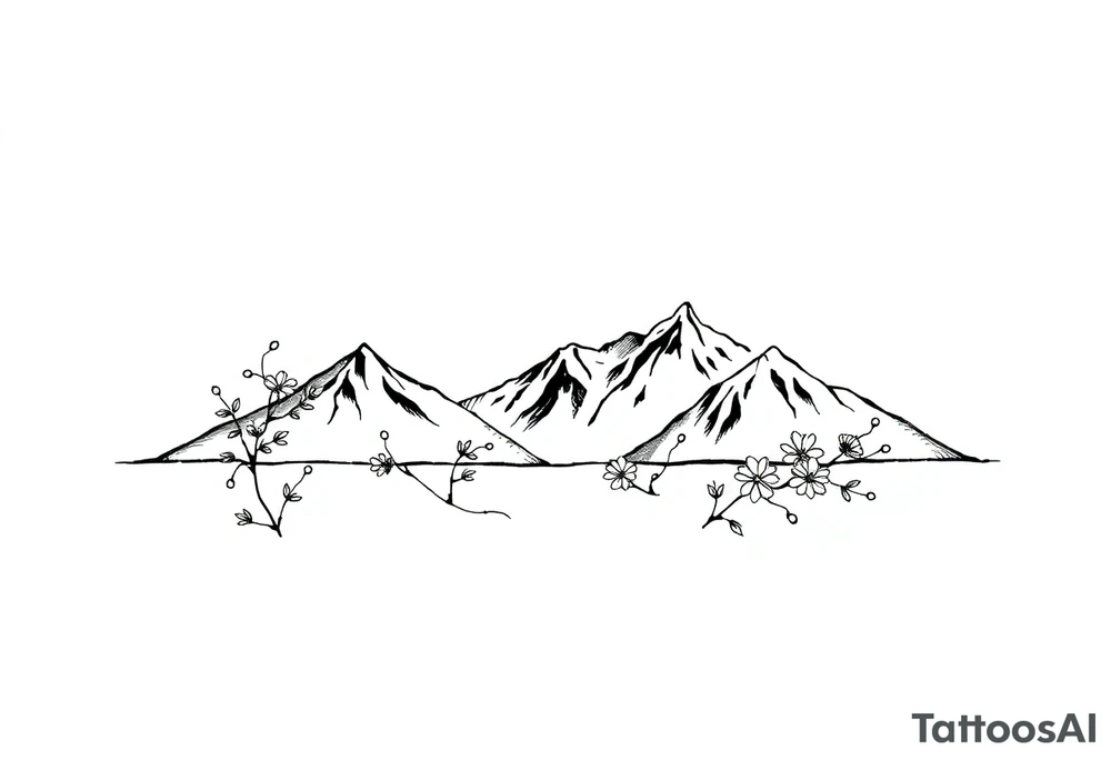 An elongated mountain range with vines and flowers mixed in tattoo idea