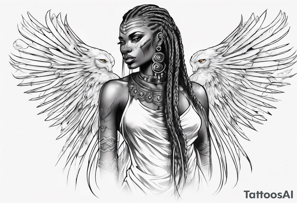 African female valkyre full body angelic
slim long face long braided hair descending from heaven tattoo idea