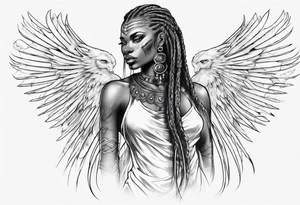 African female valkyre full body angelic
slim long face long braided hair descending from heaven tattoo idea