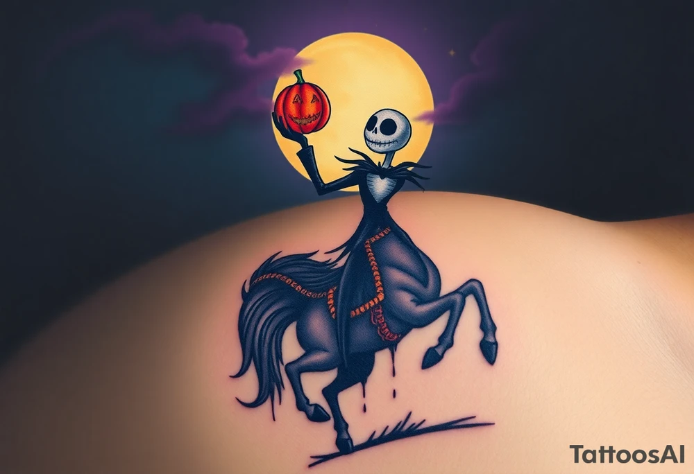 Tim Burton’s headless horseman is riding in the night he holds his pumpkin head in hand as his horse bucks upwards and dripping with muted reds, dusty pinks, and eerie green glow.purple and cyan smokey clouds swirl in the crescent moonlit sky thats sprinkled with stars tattoo idea tattoo idea