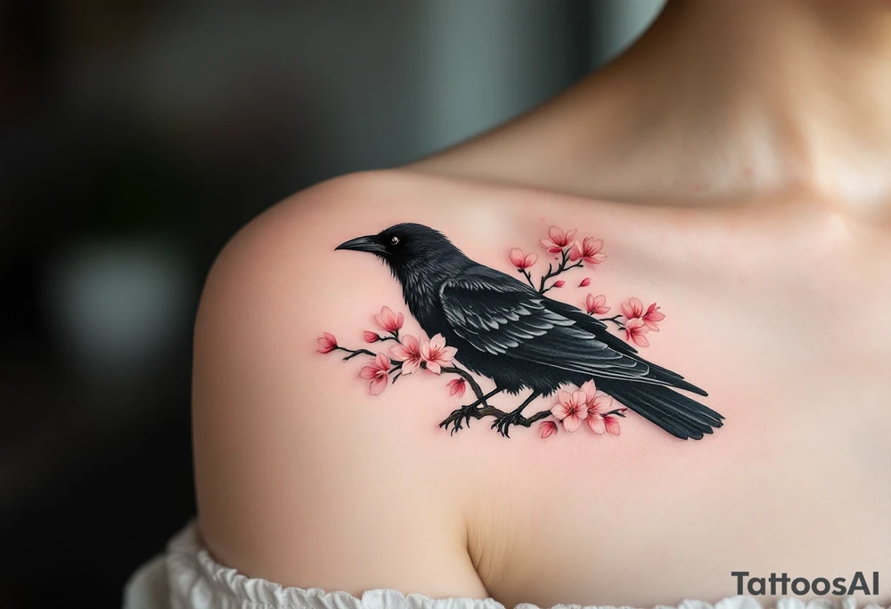 Crow with Cherry Blossoms – A serene crow resting on a branch of pink cherry blossoms. Contrast of black feathers and soft pink petals creates harmony. tattoo idea