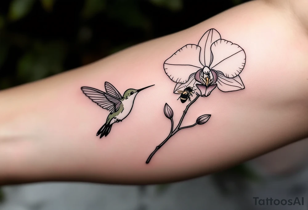A delicate, black and white fine-line tattoo for male, featuring gracefully detailed 2 orchids in full bloom including their stems, with soft, intricate petals and elegant curves. Beside it, a hummingbird hovers mid-flight, its wings drawn with subtle motion lines, its slender beak reaching toward the orchid’s center to drink its nectar. on the other flower there is a bee that is resting tattoo idea