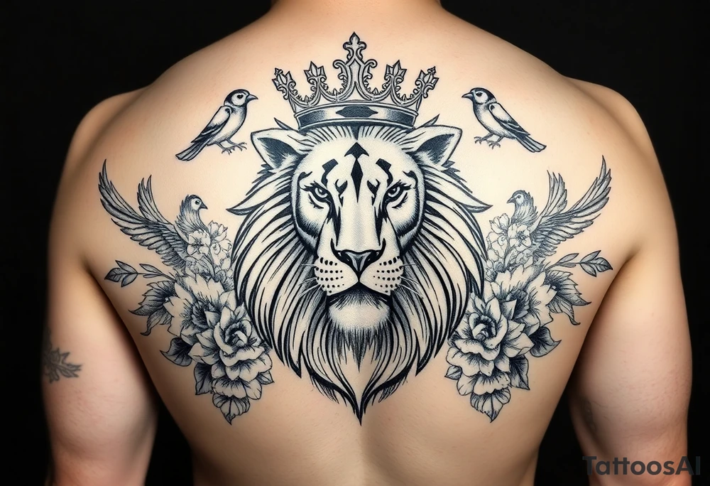powerful majestic lion with a crown, surrounded by floral ornaments and birds tattoo idea