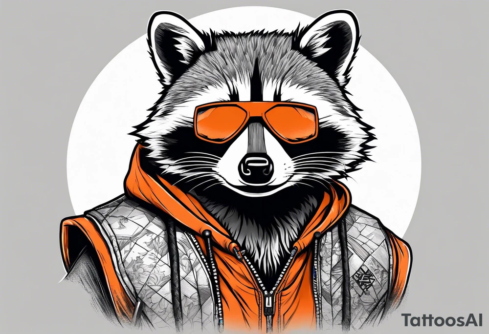 Raccoon wearing an orange Superman hoodie tattoo idea