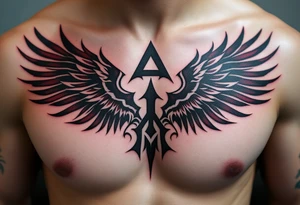 Bold gothic lettering in deep crimson ink, flanked by black raven wings spreading outward on the chest. tattoo idea